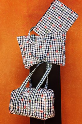 Navy Blue Gingham Rose Embroidered Quilted Tote Bag #modelimage