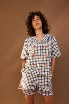 Cream & Blue Gingham Embroidered Short Sleeve Shirt  #modelimage