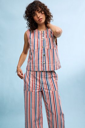 Blue & Red Striped Denim Waistcoat #modelimage