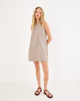 Chocolate Brown & Ecru Gingham Mini Shift Dress  #modelimage