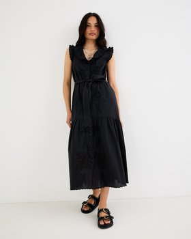 Black Floral Embroidered Frill Collar Tiered Midi Dress #modelimage