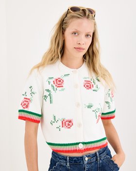 White Floral Cross Stitch Short Sleeve Cardigan #modelimage