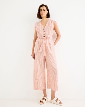 Cream & Red Stripd V-Neck Sleeveless Jumpsuit #modelimage