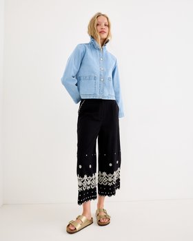 Black & Cream Embroidered Hem Wide Leg Trousers #modelimage