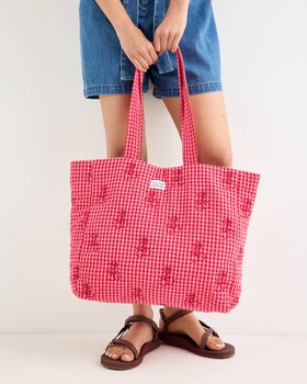Red & Pink Gingham Cherry Embroidered Quilted Tote Bag #modelimage