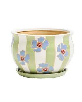 Lya Green Stripe Floral Ceramic Plant Pot Extra Large