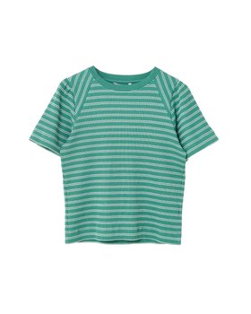 Green & White Striped Short Sleeve Ribbed Top