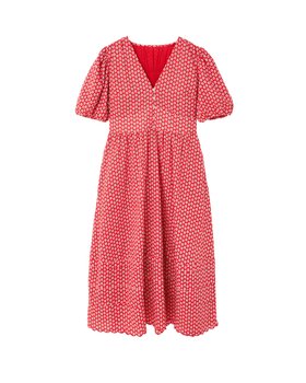 Red Ditsy Floral V-Neck Puff Sleeve Midi Dress