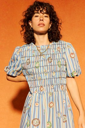 Blue Striped Plate Print Shirred Bodice Midi Dress