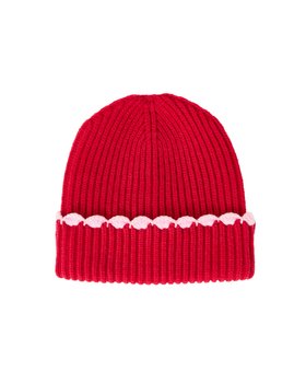 Red & Pink Scallop Edge Knitted Beanie Hat