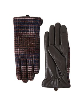 Brushed Brown & Pink Check Leather Gloves
