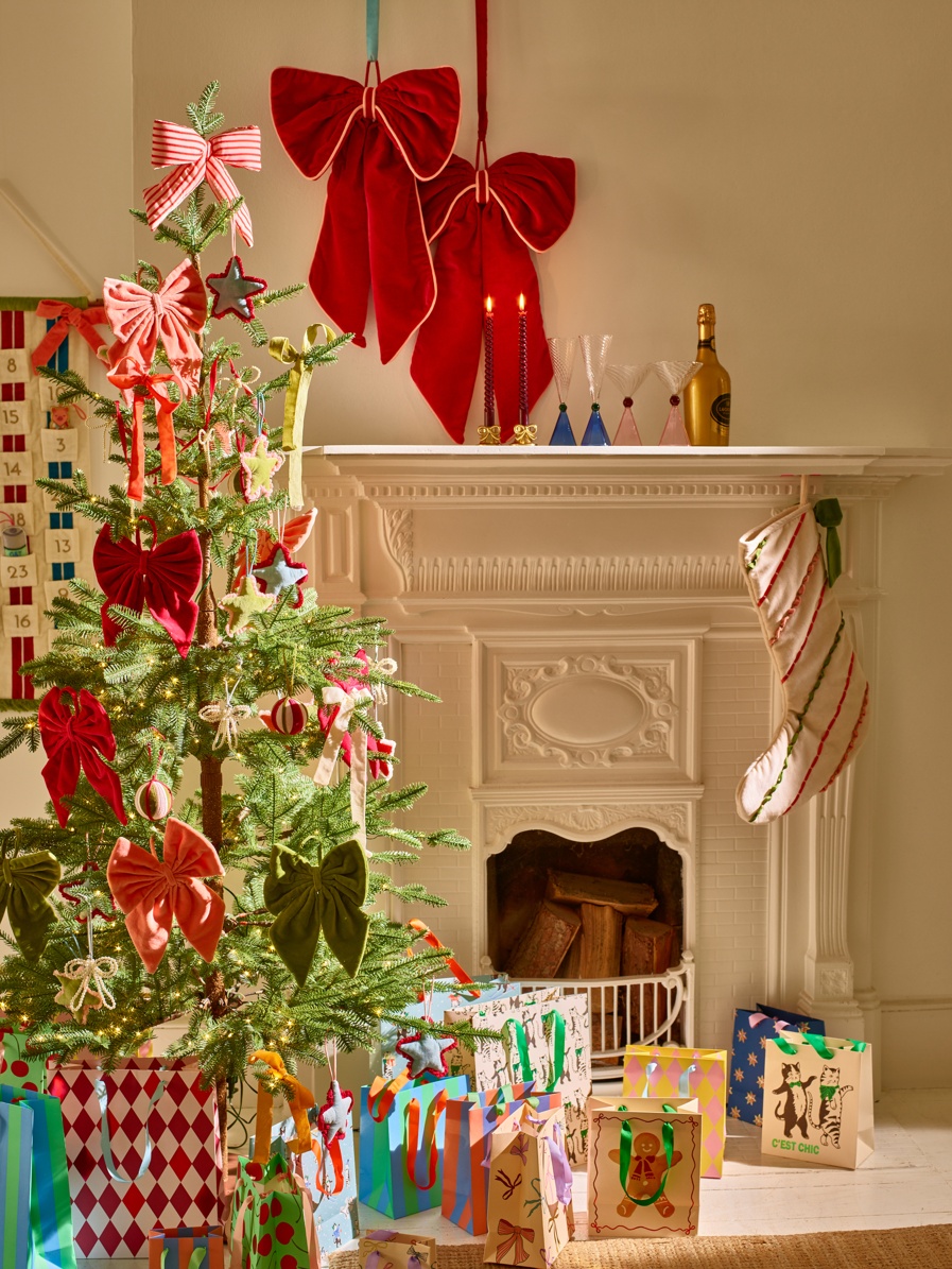 Striped Red Velvet Bow Christmas Tree Topper