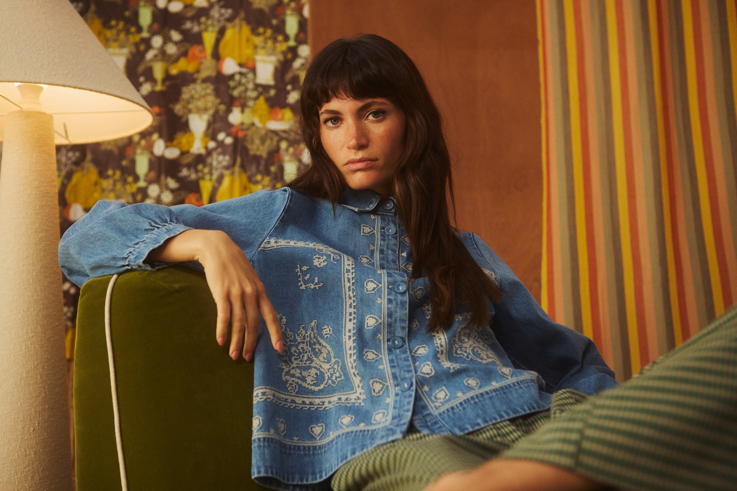 Blue Denim Bandana Print Embroidered Shirt #modelimage