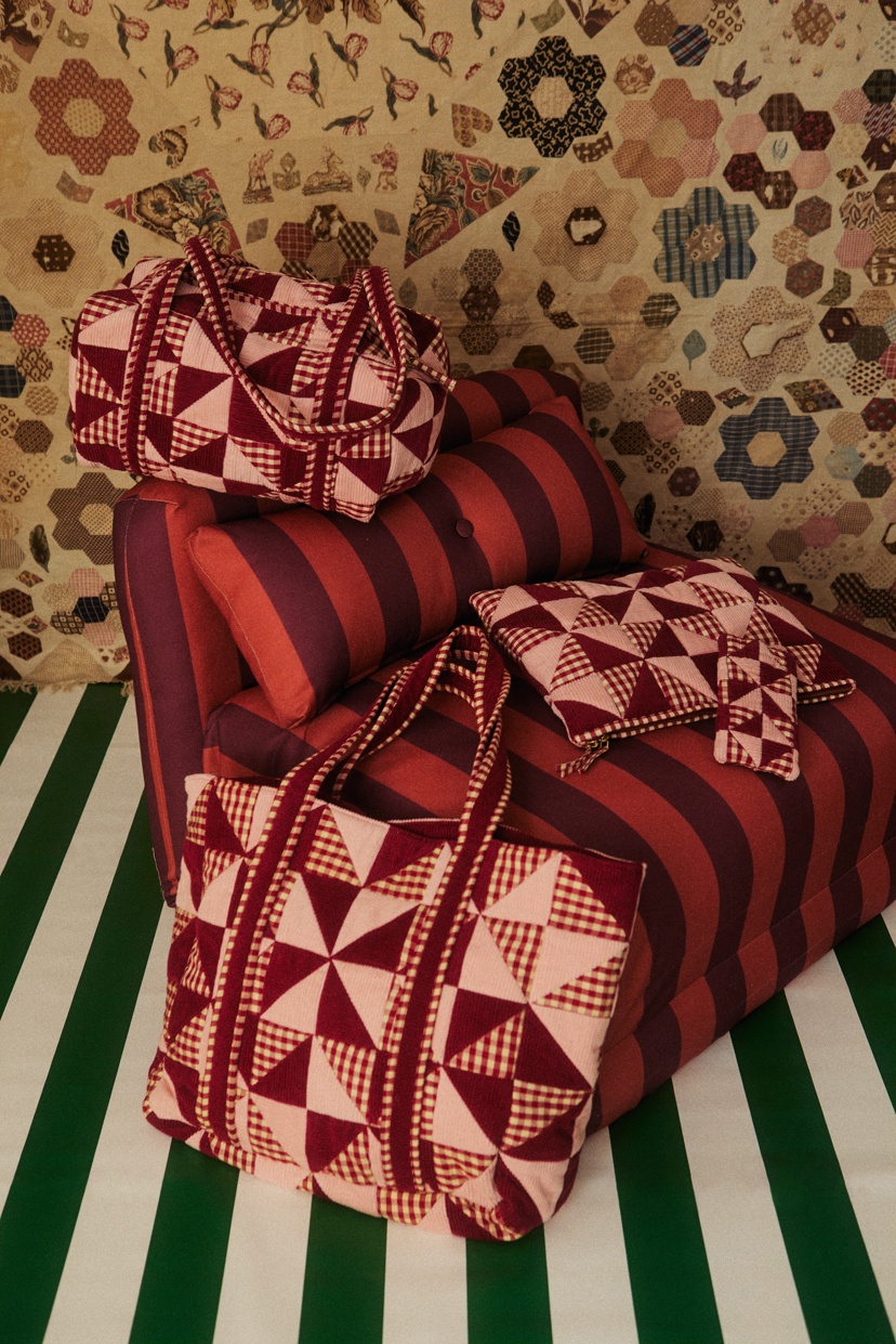 Emily Red & Pink Patchwork Corduroy Cotton Tote Bag