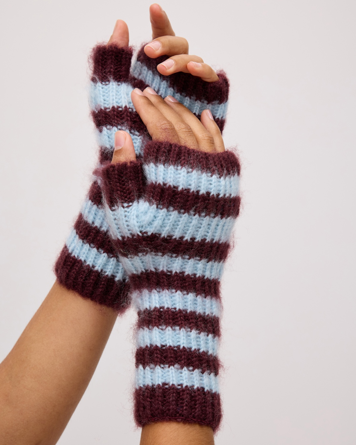 Fluffy Blue & Burgundy Striped Knitted Wrist Warmers