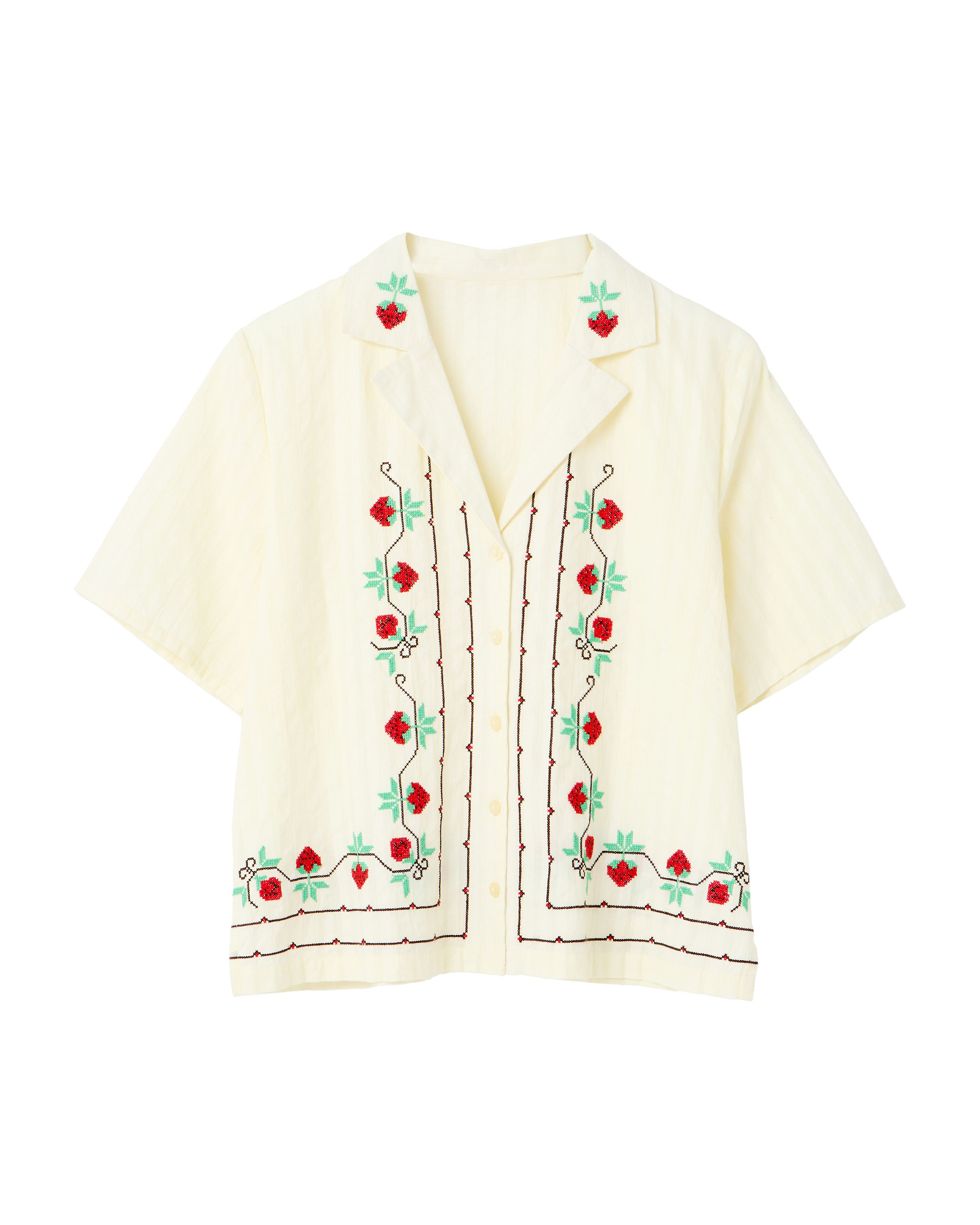 Butter Yellow Strawberry Embroidered Short Sleeve Shirt
