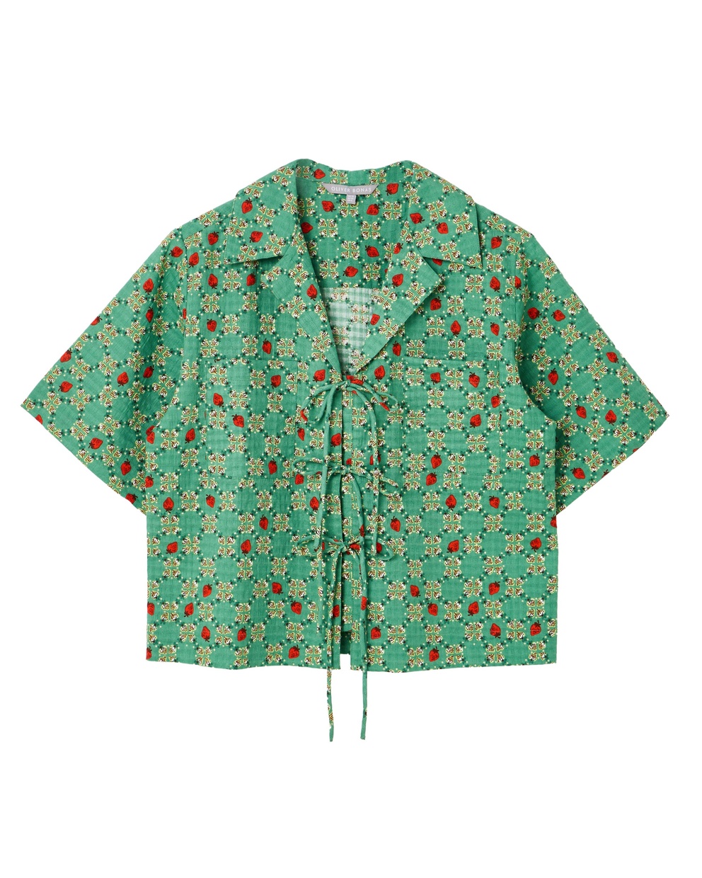 Green Strawberry V-Neck Tie Front Blouse