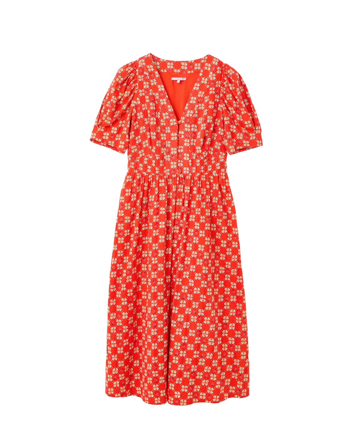 Red Strawberry V-Neck Puff Sleeve Midi Dress
