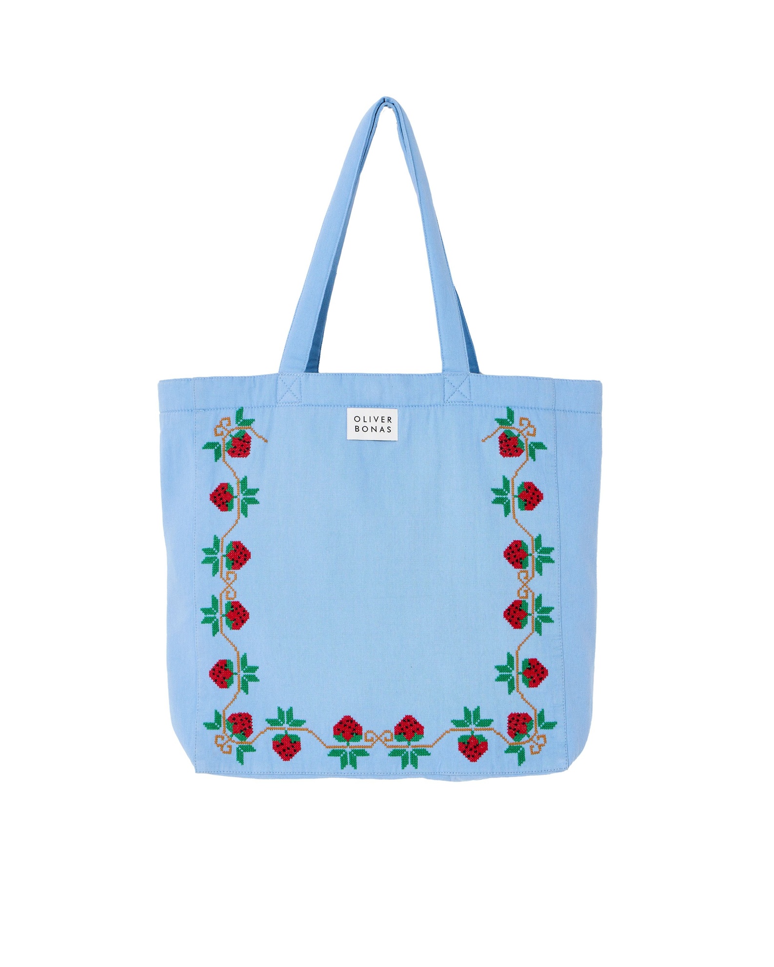 Light Blue Strawberry Cross Stitch Tote Shopper Bag