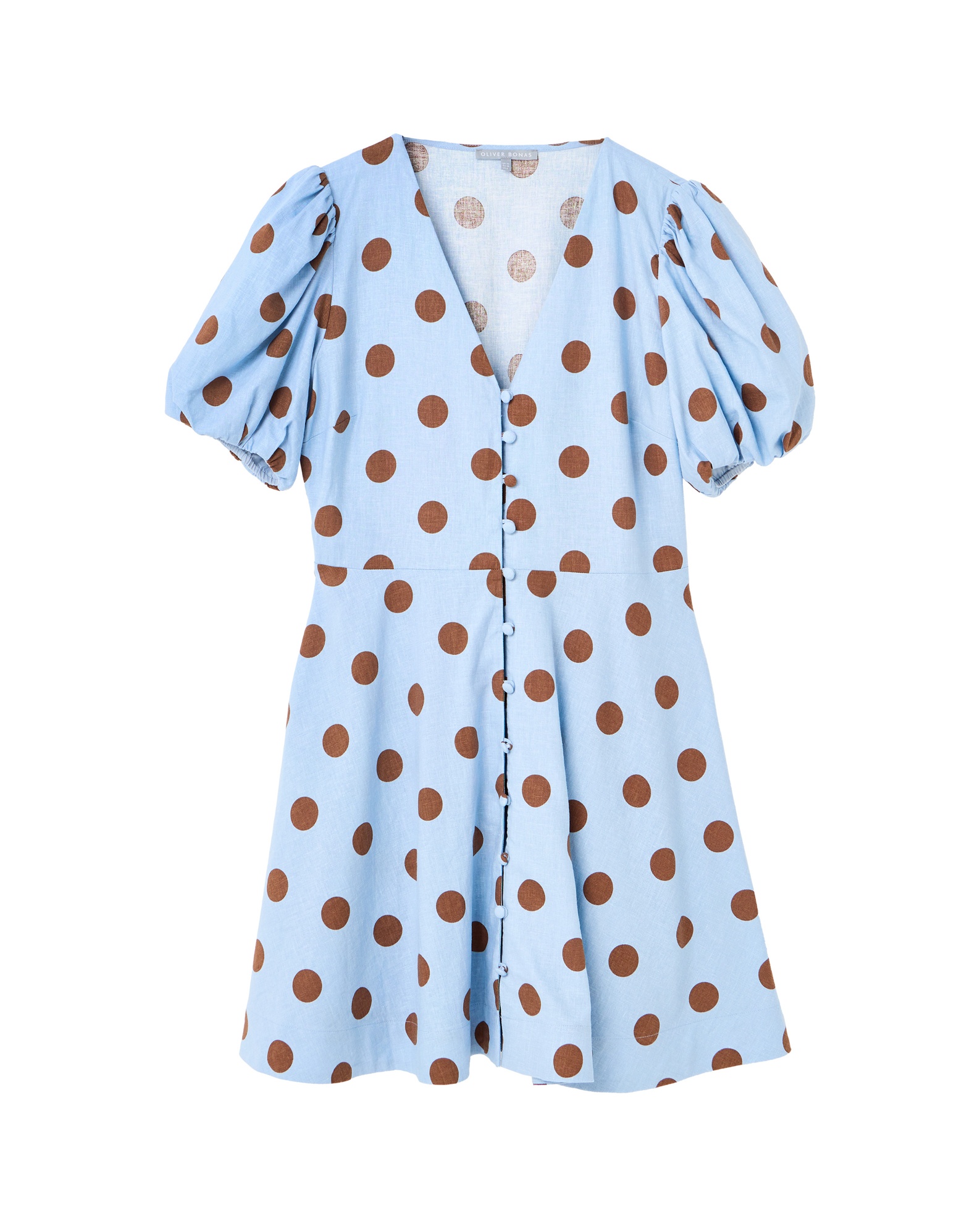 Light Blue & Brown Polka Dot Linen Blend Mini Dress