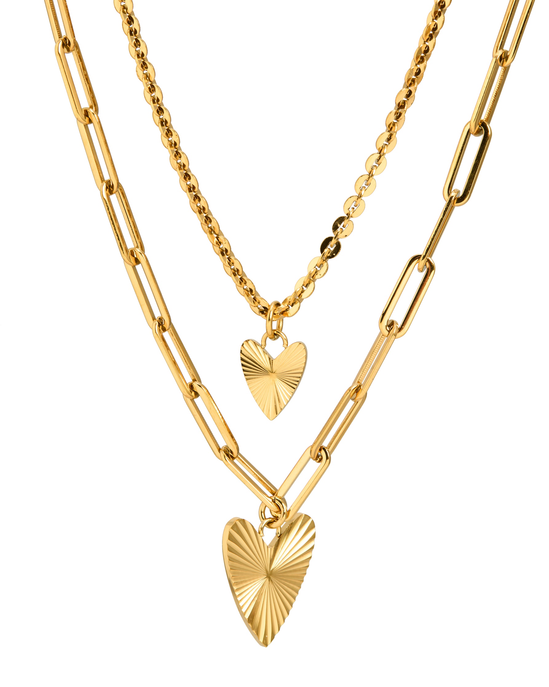 Melony Gold Tone Waterproof Triple Row Etched Heart Pendant Necklace