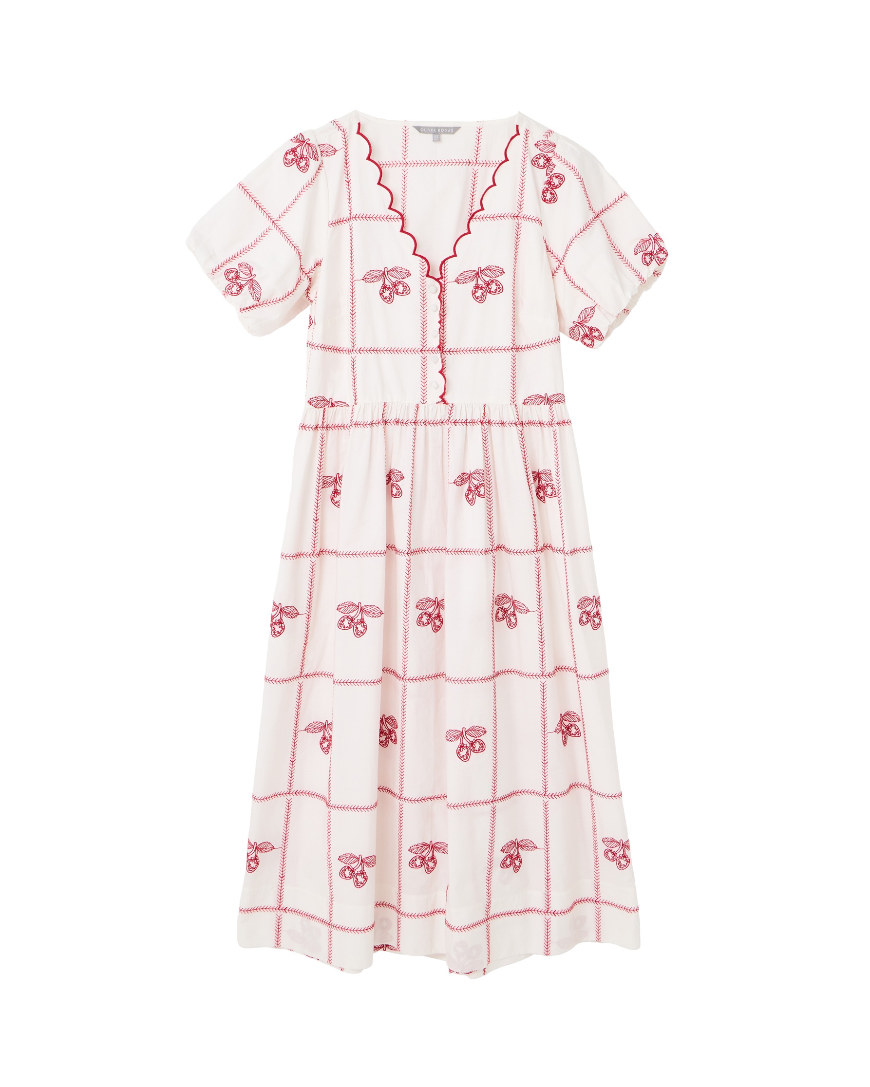 Strawberry Grid Scallop Edge Midi Dress