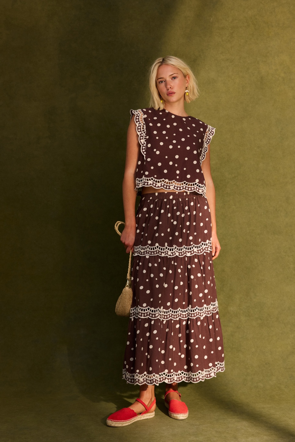 Chocolate Brown Polka Dot Scalloped Cutwork Midi Skirt  #modelimage