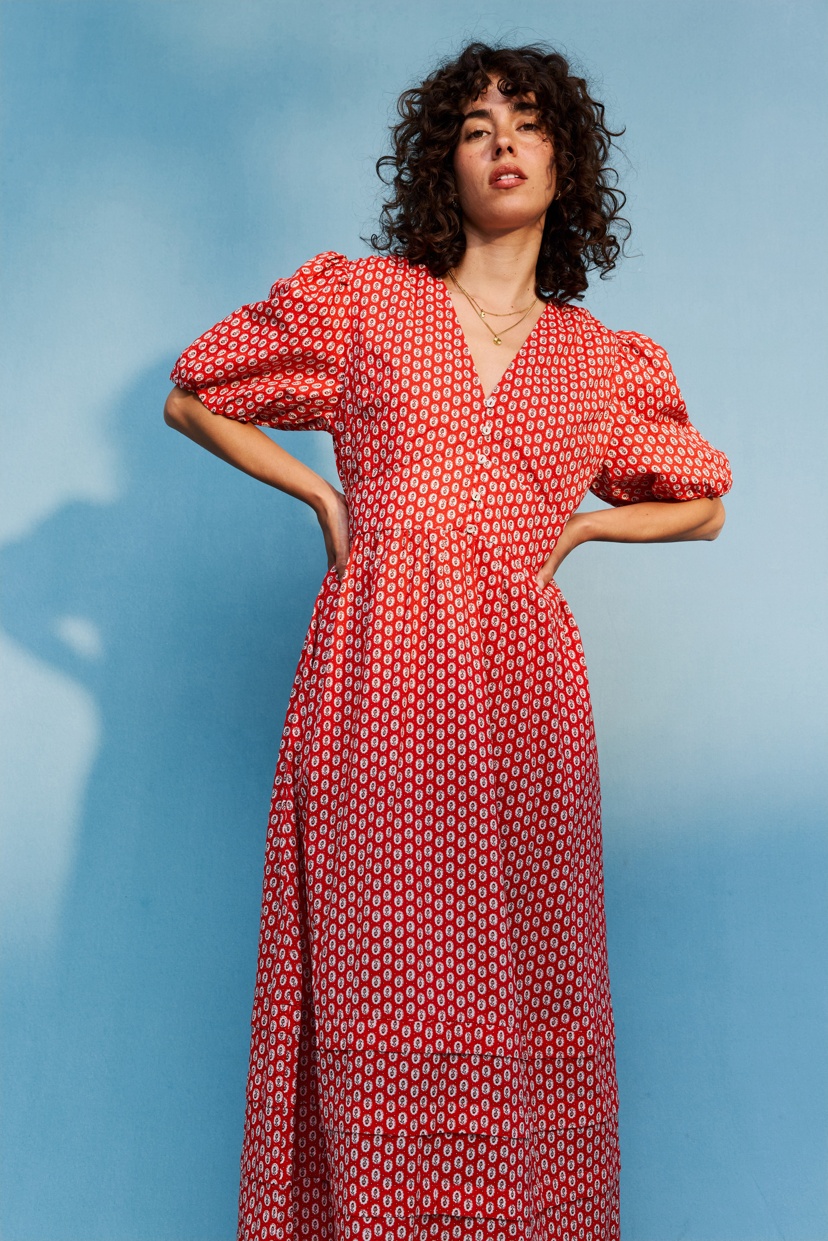 Red Ditsy Floral V Neck Puff Sleeve Midi Dress #modelimage
