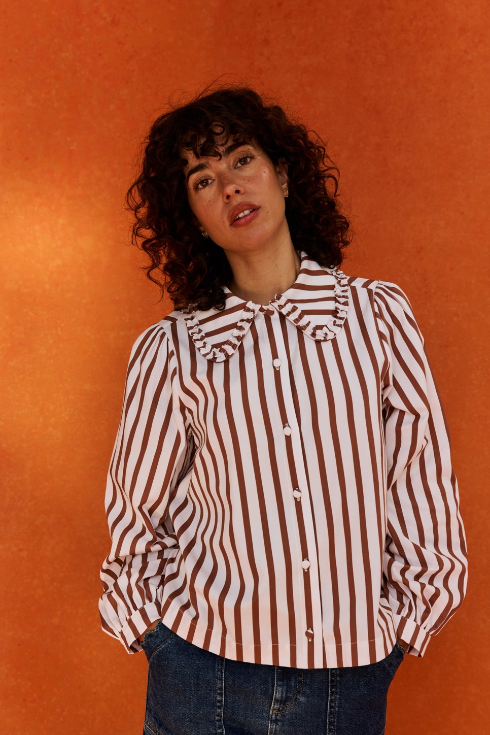 Brown & White Striped Frill Collar Shirt #modelimage