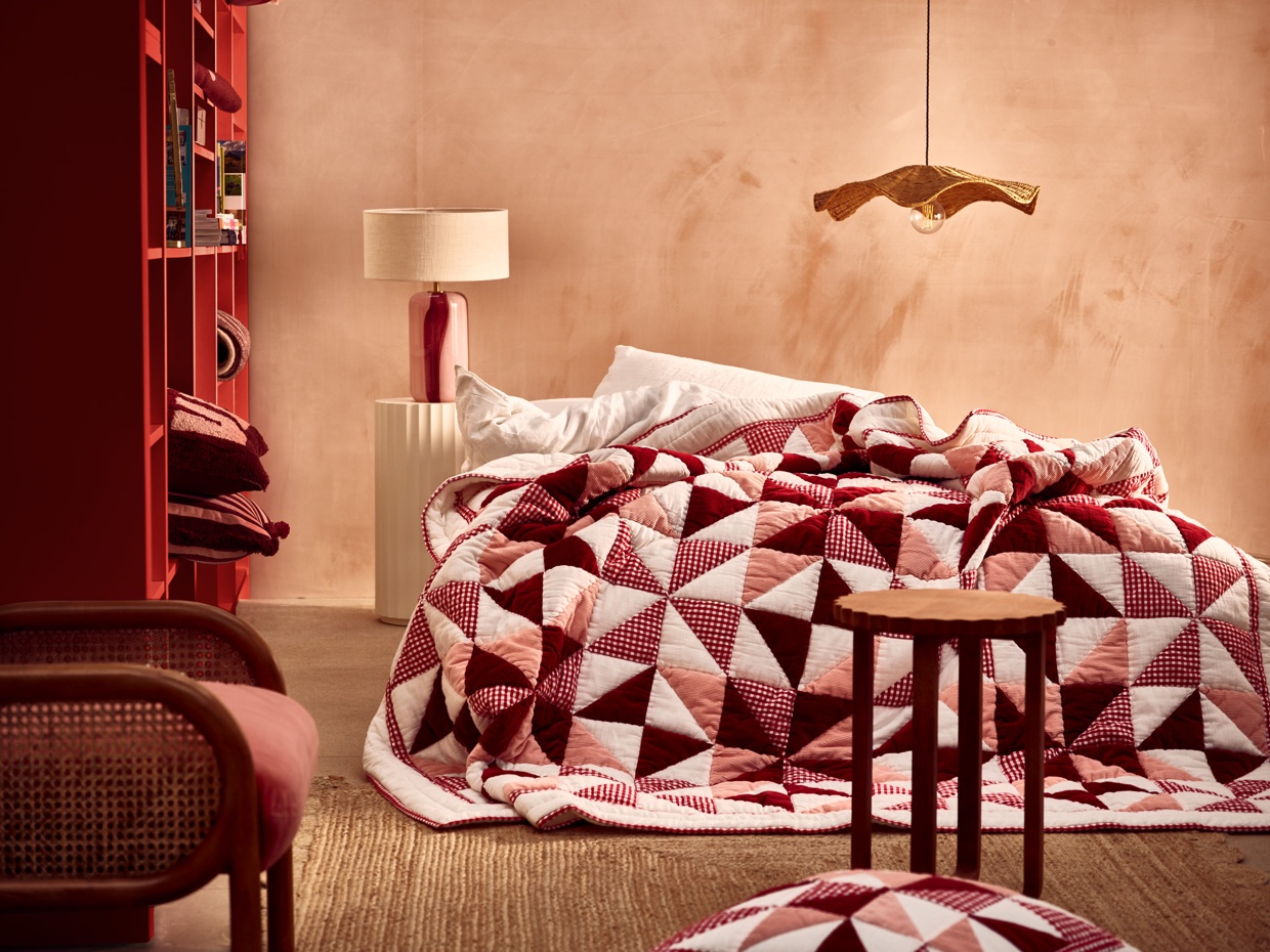 Burgundy & Pink Gingham Patchwork Quilt