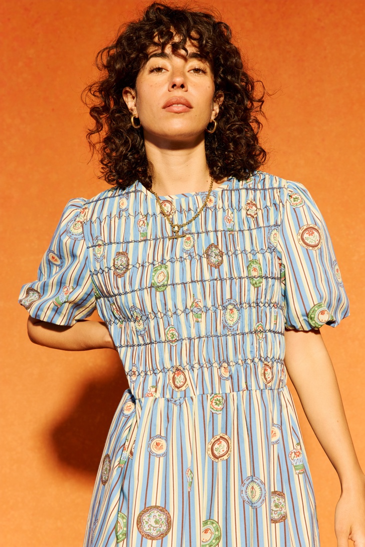 Blue Striped Plate Print Shirred Bodice Midi Dress