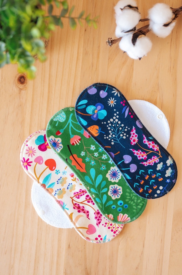 Reusable Cloth Menstrual Pads 3-Pack (S, M, L) - Whimsy Flowers, white wings
