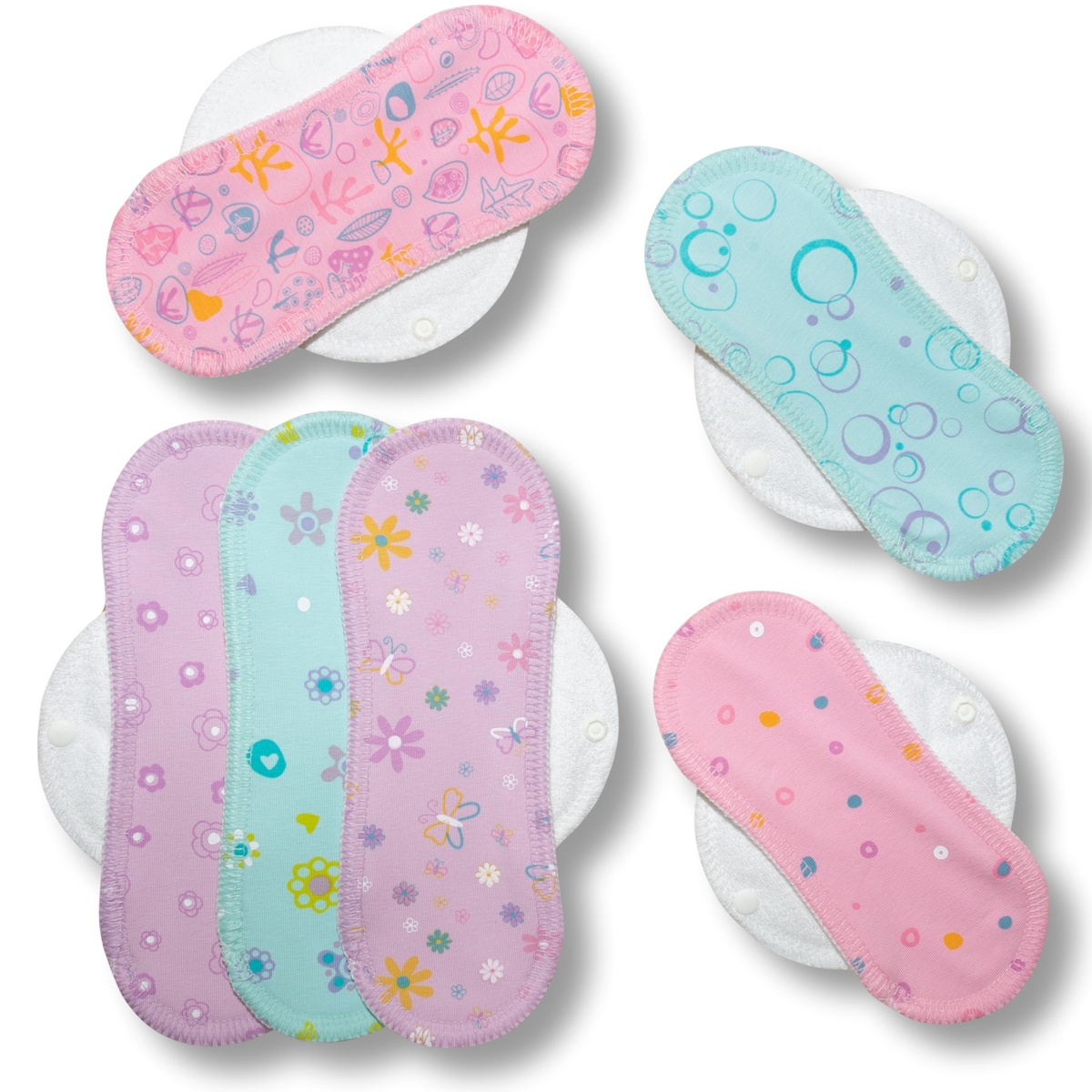 Pastel Reusable Cloth Menstrual Pads 6-Pack (S, M) - white wings