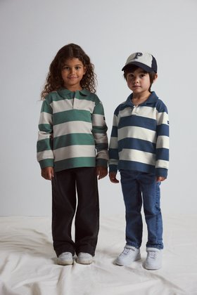 SS26 Kids Long Sleeve Rugby Shirt - Navy and Green Stripes