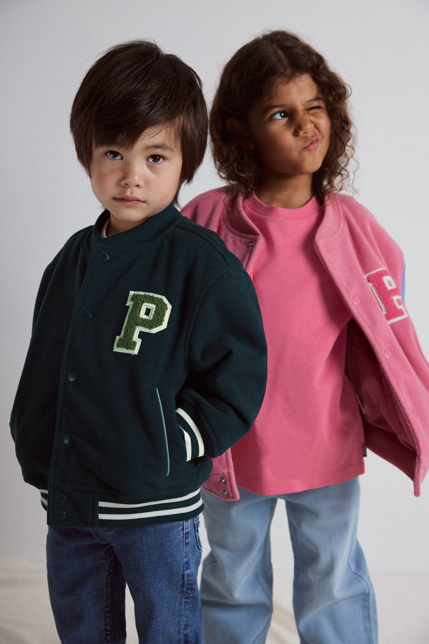 SS26 Kids Windproof Varsity Fleece Jacket - Navy and Pink