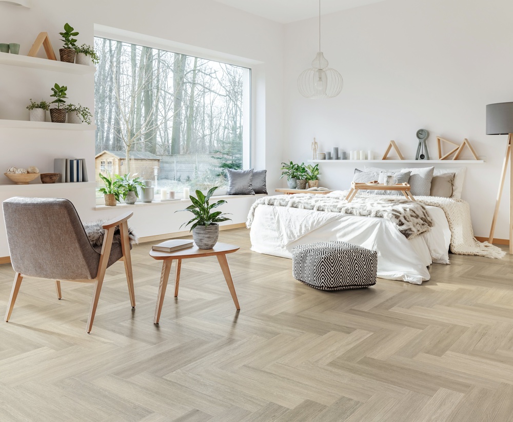 Lusso Bari Snowcap Poplar Herringbone Glue Down LVT Vinyl Flooring