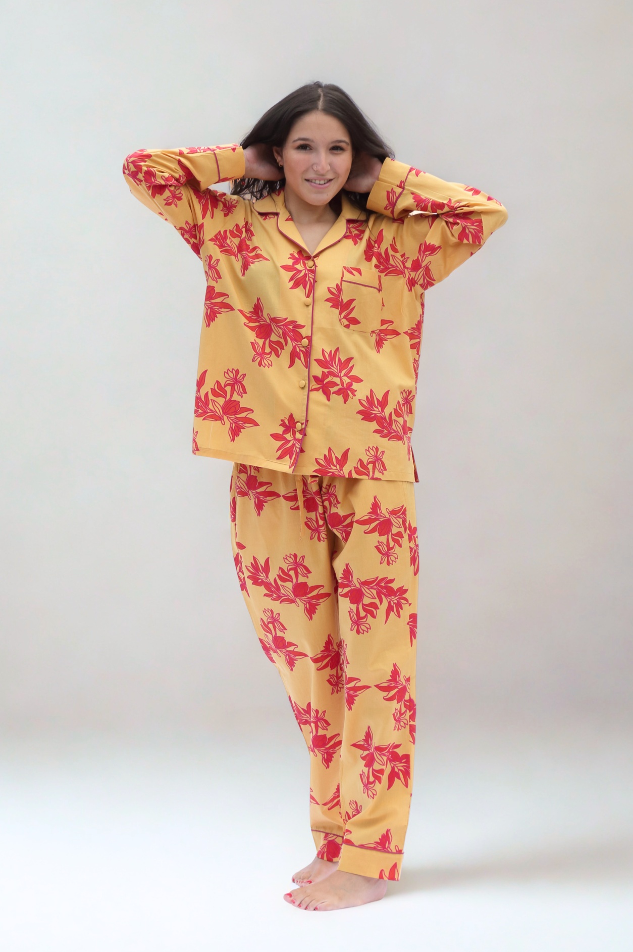 Cartagena Long Sleeve Organic Cotton Pyjama Set – Yellow and Pink Print