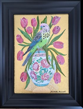 "Parakeet and Tulips" by Elizabeth Bessant original painting