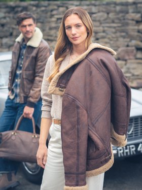 Cawfell Shearling Aviator Women's Jacket in Brown - Size 14