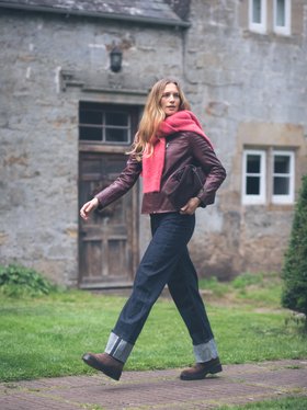 Buttermere Leather Racer Jacket in Burgundy - Size 8