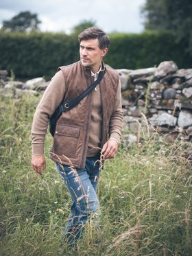 Grike Leather Gilet in Dark Camel - Size 42