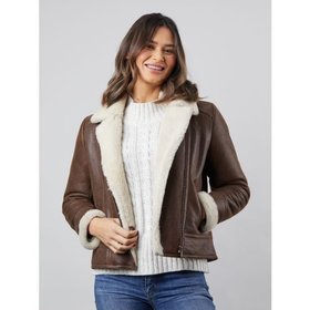 Lindeth Women's Sheepskin Aviator Jacket in Chocolate - Size 14