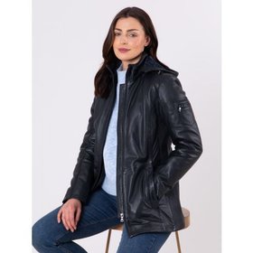 Fairtown Hooded Women's Leather Jacket in Navy - Size 10