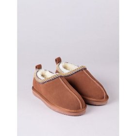 Ladies’ Sheepskin Embroidered Clog Slippers in Tan