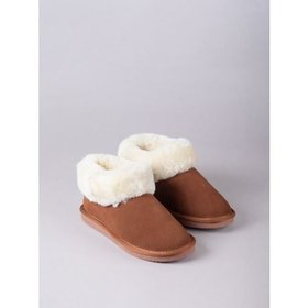 Ladies' Sheepskin Cuff Low Bootie Slippers in Tan - Size 4