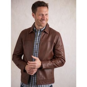 Renwick Men's Collared Leather Jacket in Cognac - Size 38