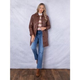 Marton Longline Button Down Women's Leather Coat in Cognac - Size 10