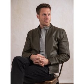 Calder Men's Leather Jacket in Olive Green - Size 38