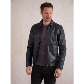 Renwick Men's Collared Leather Jacket in Navy - Size 38