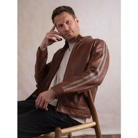 Morton Contrast Stripe Leather Biker Jacket in Cognac - Size 38